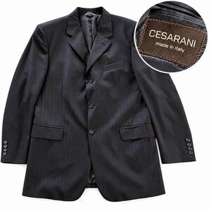 Vintage Cesarani Mens 44R Black Pinstripe 100% Wool Blazer 3 Button Made Italy